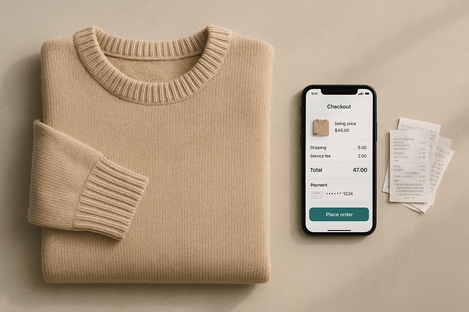 Folded sweater beside a smartphone showing clothing resale app fees on a checkout screen, with receipts nearby