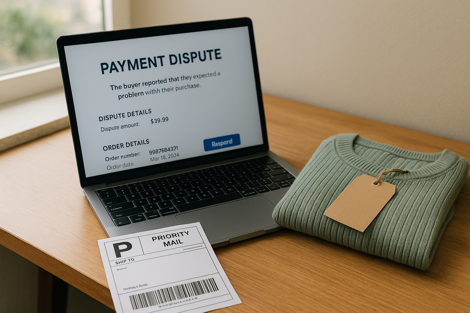 Reseller's desk with laptop showing a payment dispute screen, illustrating eBay chargeback vs return difference cost to