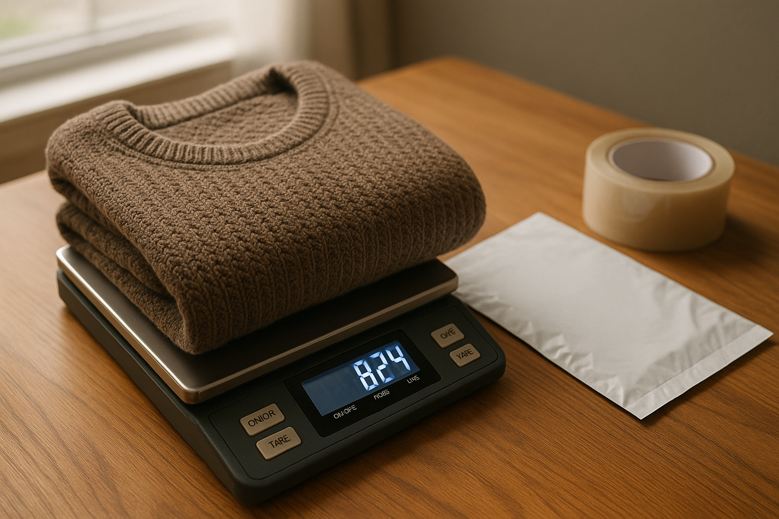 Folded sweater on a digital scale with poly mailer, illustrating mercari shipping weight overage cost impact for resellers