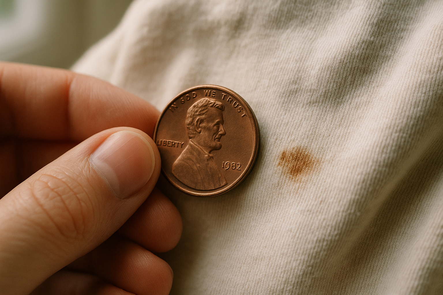 Hand holding a coin beside a fabric stain, showing what defects to photograph in eBay clothing listings