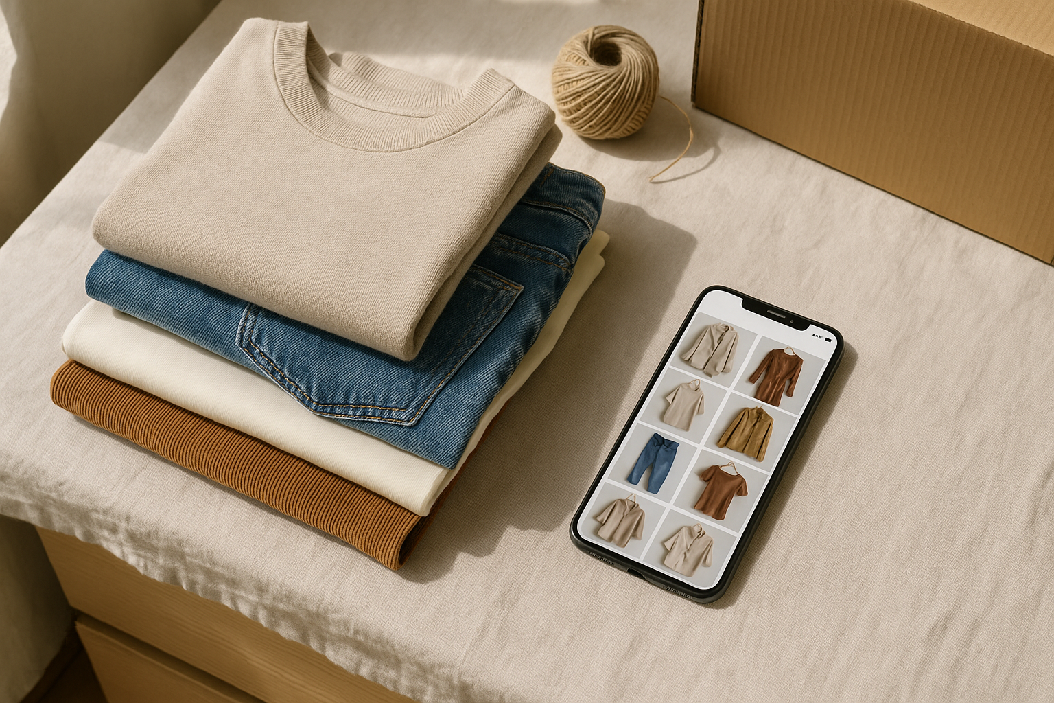 Flat-lay comparing Poshmark closet vs shop setup, folded clothes beside a smartphone showing a resale feed in natural light