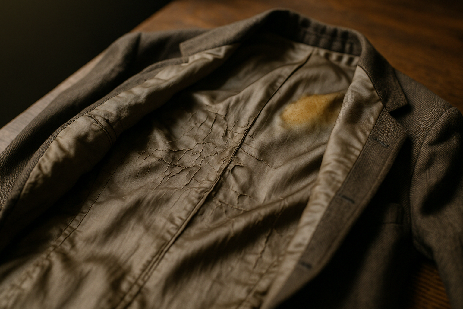Vintage jacket turned inside out showing torn, shattered silk lining and yellowed stain, key to grading jacket lining damage