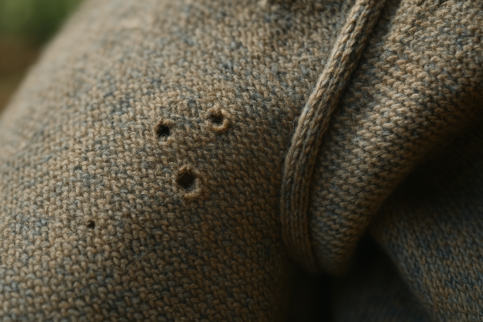 Macro view of small moth holes on a vintage wool sweater seam, illustrating how to identify and grade moth damage