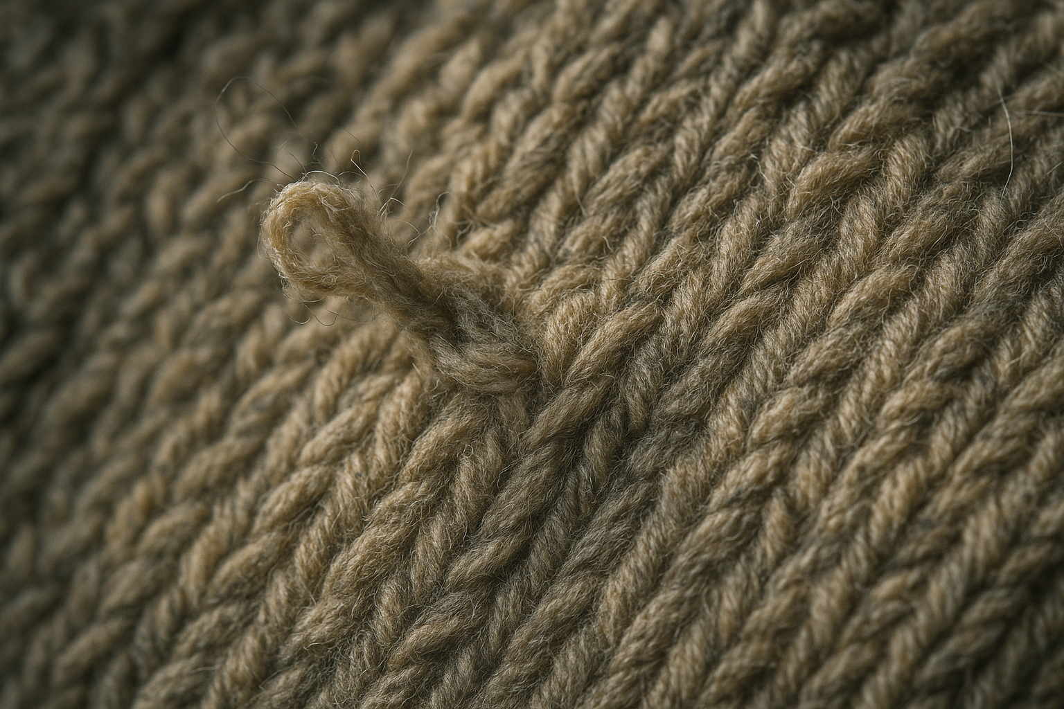 Macro view of a vintage wool sweater's snagged, pulled thread, illustrating how to grade snags and pulls on sweaters