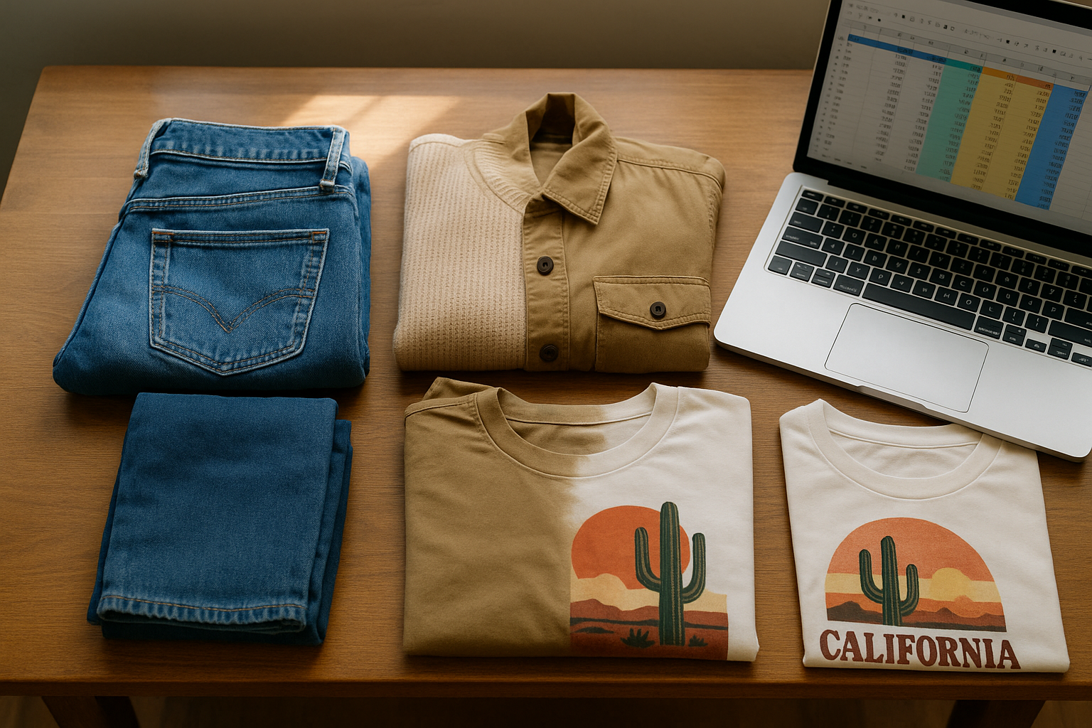 Flat-lay of folded denim, knitwear, a jacket, and graphic tee beside a laptop showing which clothing brands and categories