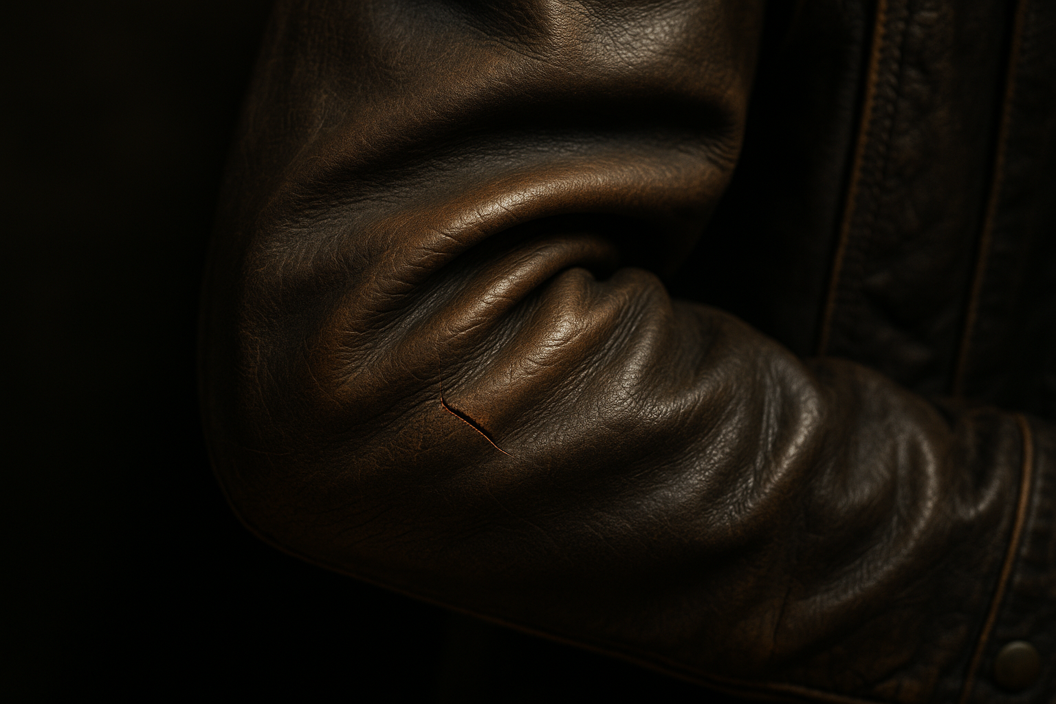 Close-up of a vintage leather jacket elbow with deep creasing and a hairline crack, illustrating how to grade leather