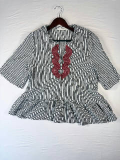 Masai Copenhagen Women's Size L Gray Striped Embroidered Top