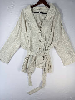Free People Women's Size L Oversized Belted Wrap Cardigan Cream Textured Cotton