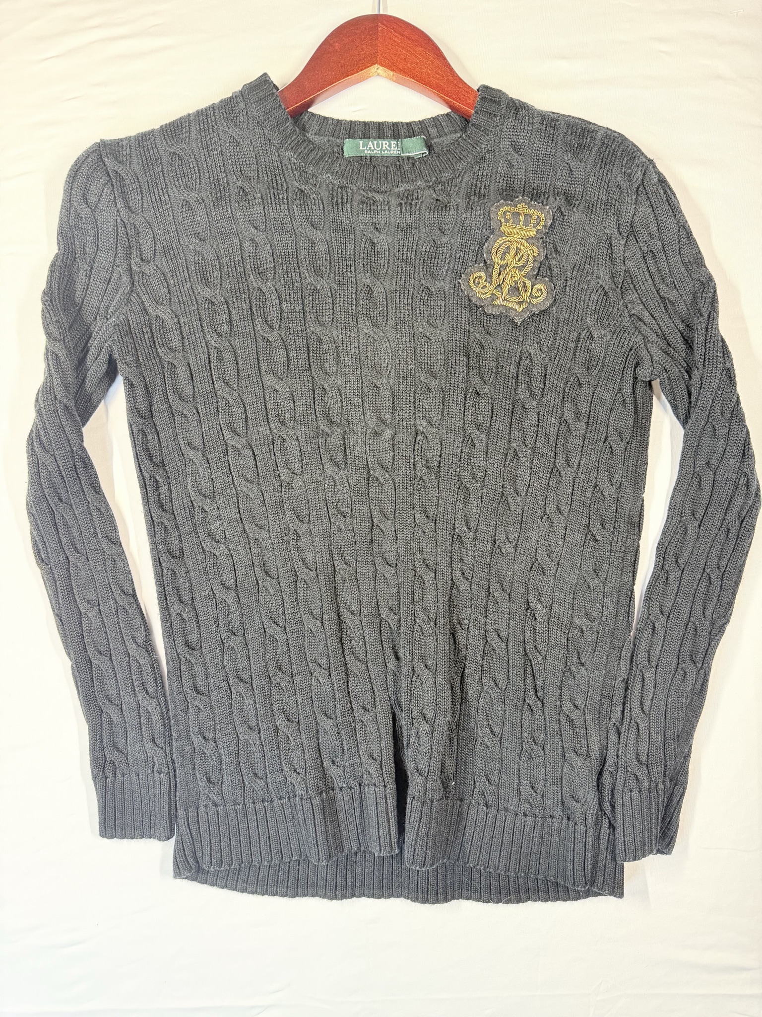 Lauren Ralph Lauren Women's Cable Knit Crewneck Sweater with Gold Crest Emblem –