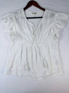 M.A.B.E White Embroidered Cotton Top Size L Tie Front Ruffle Sleeveless
