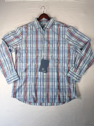 Mizzen+Main Trim Fit Shirt Mens XXL Blue Maroon Plaid Long Sleeve Button Up