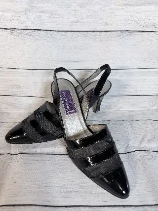 Phyllis Poland Made in Italy Black Leather Slingback Heels Pointed Toe Size 9 AA
