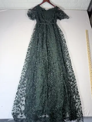 Baltic Born Green Floral Lace Maxi Dress Women's M Wrap V-Neck Puff Sleeve
