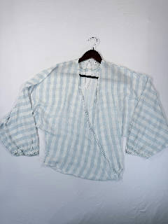 Amanda Uprichard Blouse Size S Blue White Check Wrap Top Balloon Sleeve Viscose