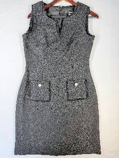 Karl Lagerfeld Paris Sz 8 Black Tweed Sheath Dress Fringe Trim Pearl Buttons