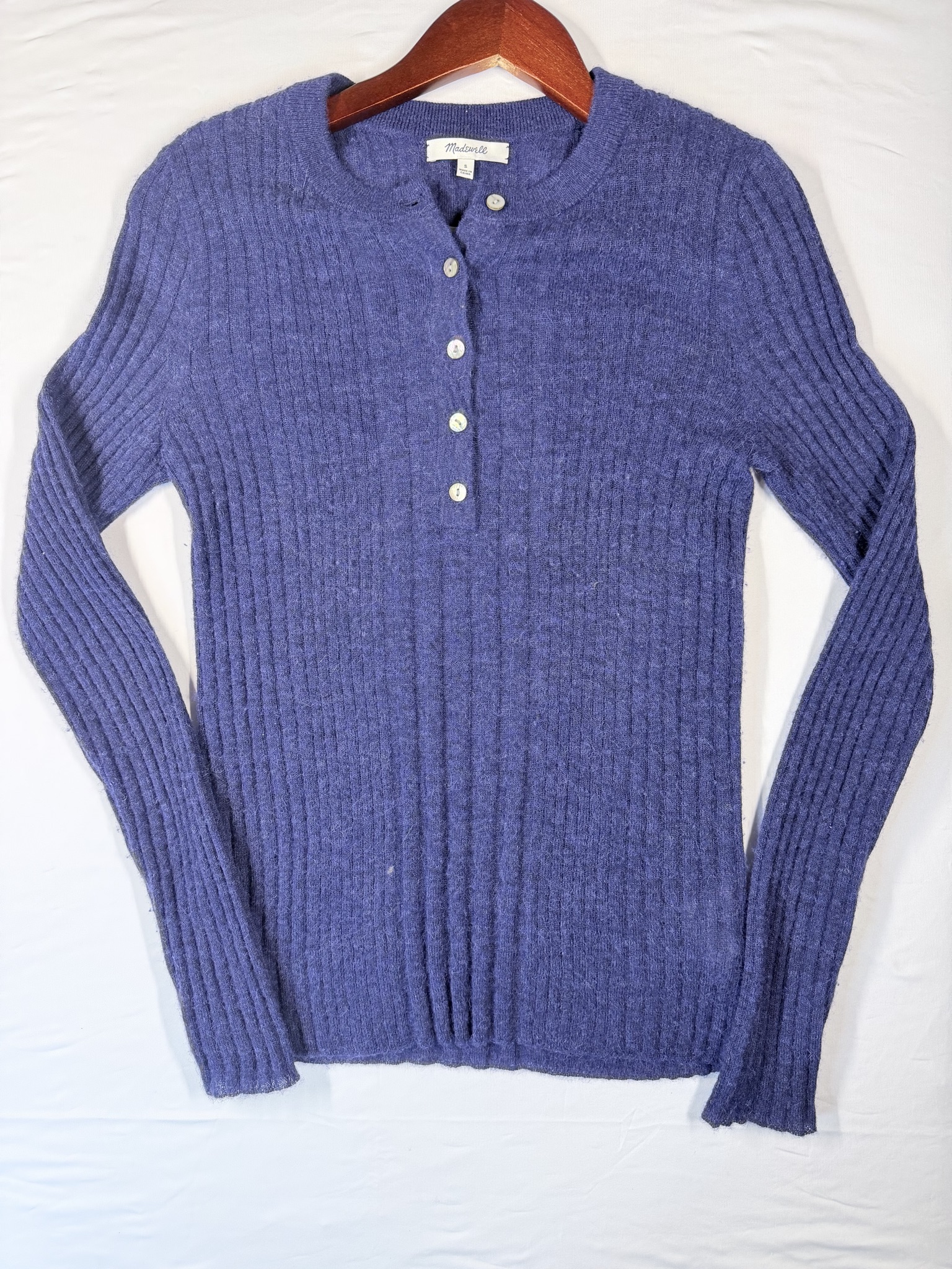 Madewell Ribbed Alpaca-Blend Button-Front Cardigan Sweater – Blue, Size S